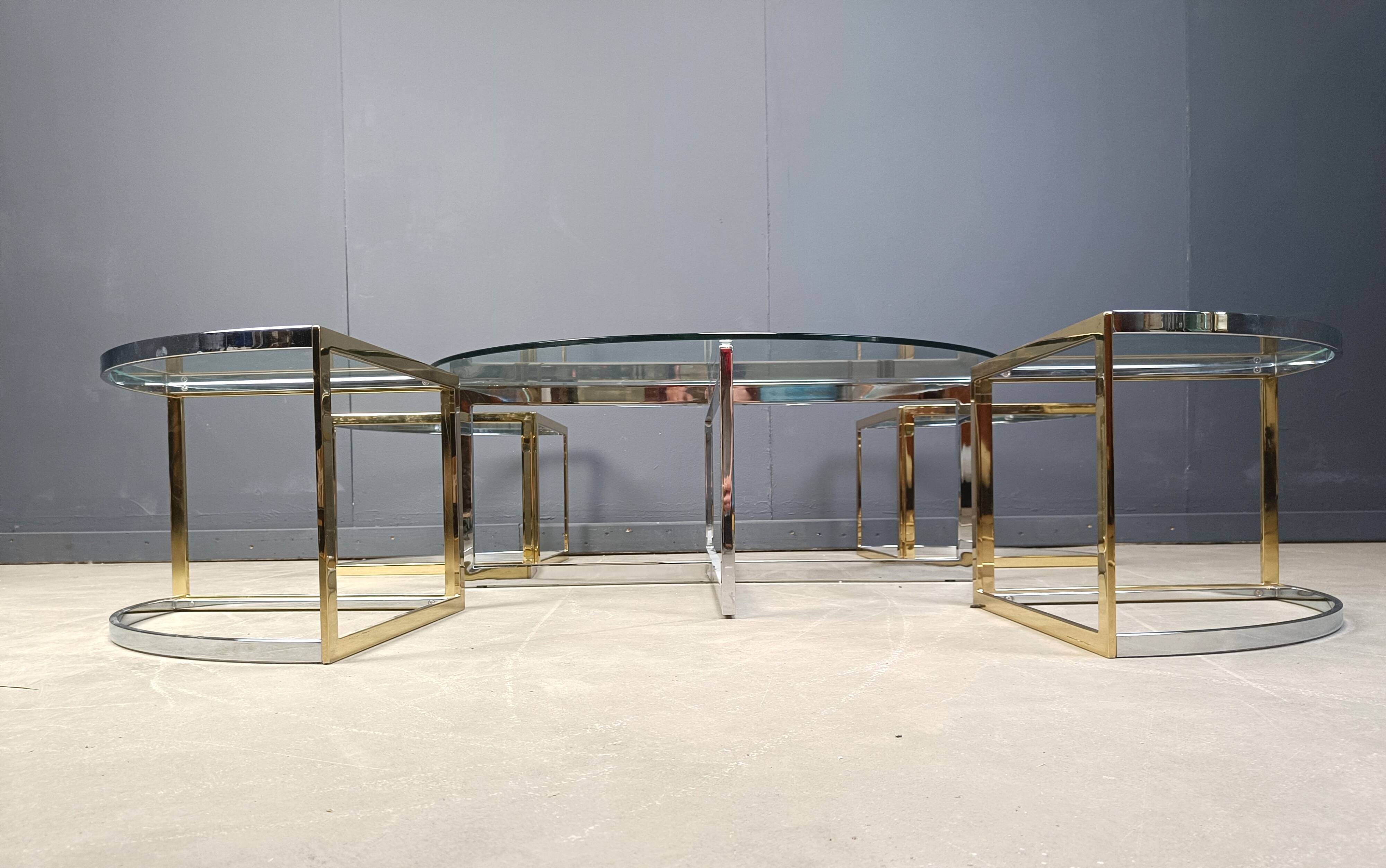 Large coffee table set in brass and glass, 1970s