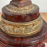 Antique french oil lamp, 19th century rouge griotte marble and patinated bronze base