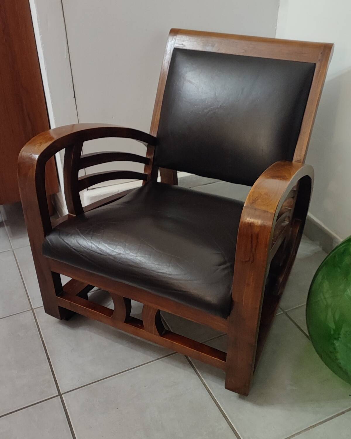 Leather and teak armchair