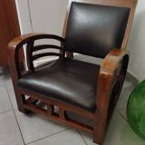 Leather and teak armchair