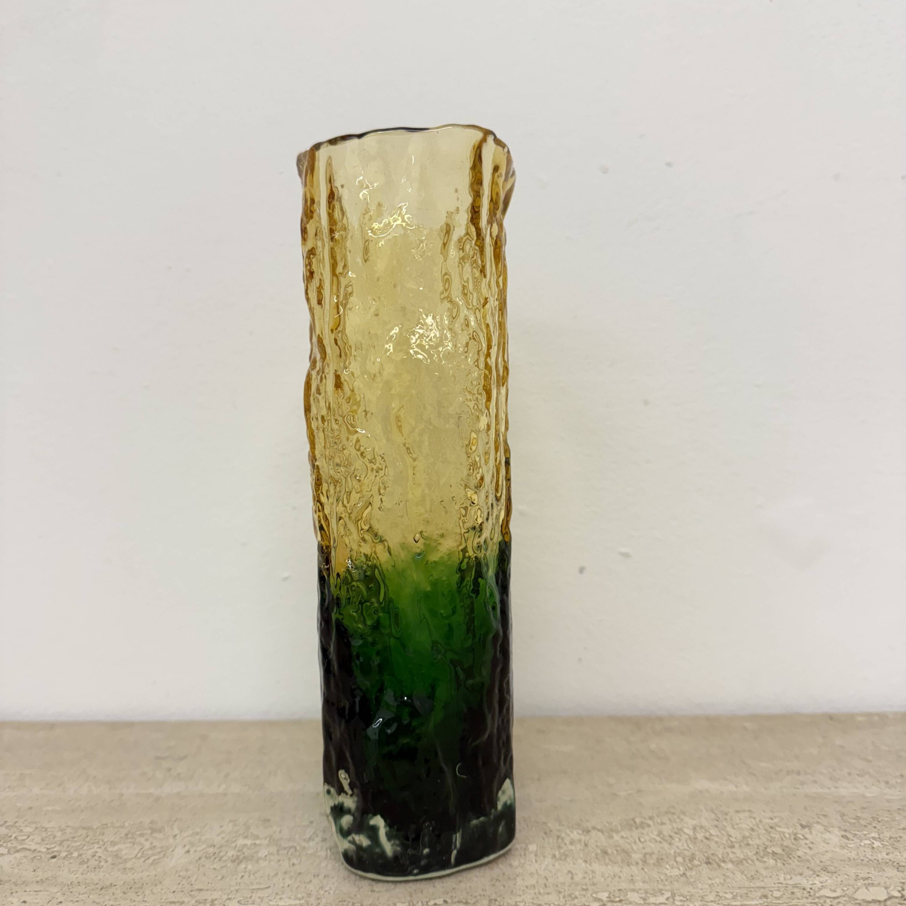 Vintage bark glass vase yellow and green , 1970’s