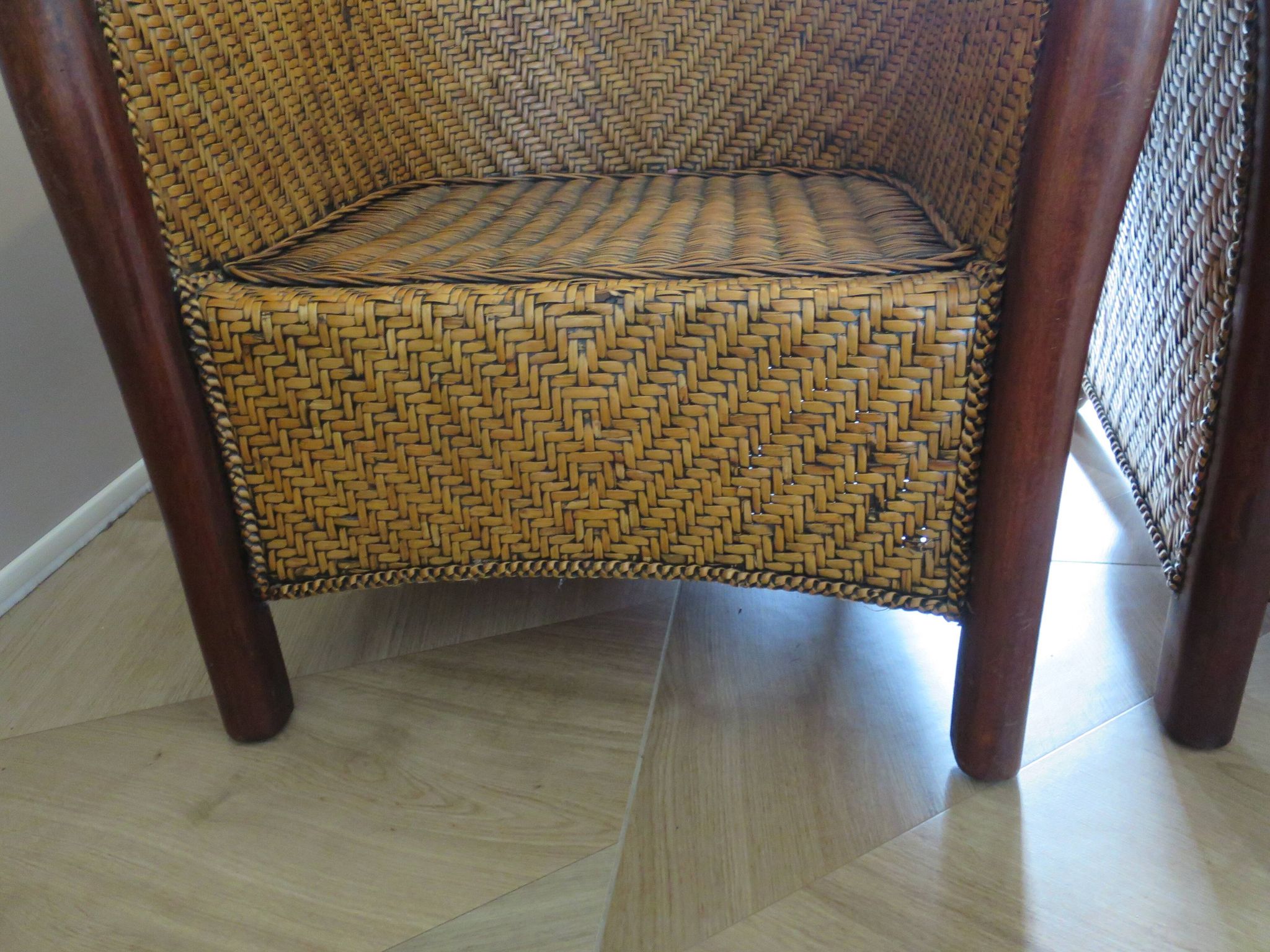 Set of 2 armchairs in woven rattan and exotic wood, 1980s