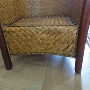 Set of 2 armchairs in woven rattan and exotic wood, 1980s