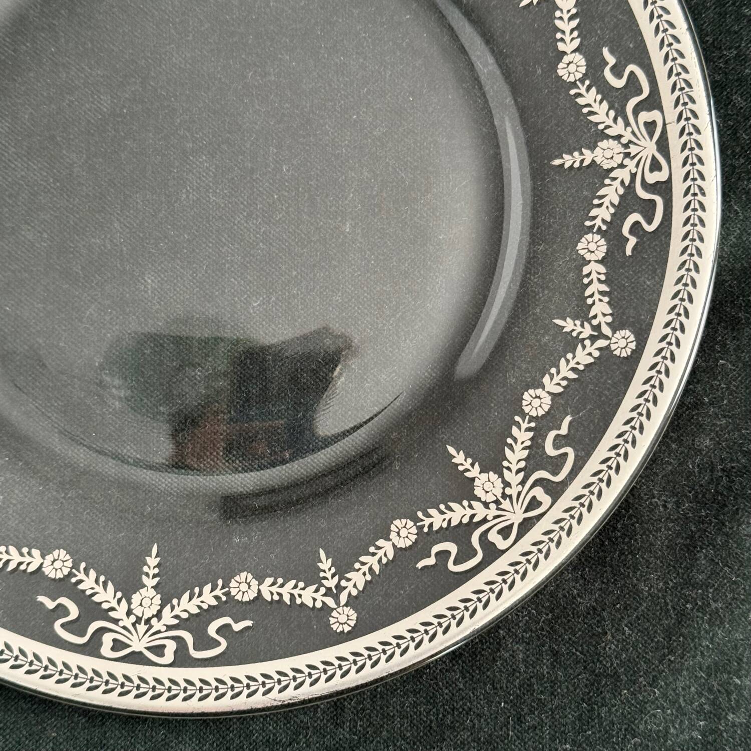Vintage Glass Dessert Plate with Silver Ribbons/Bows and Garlands