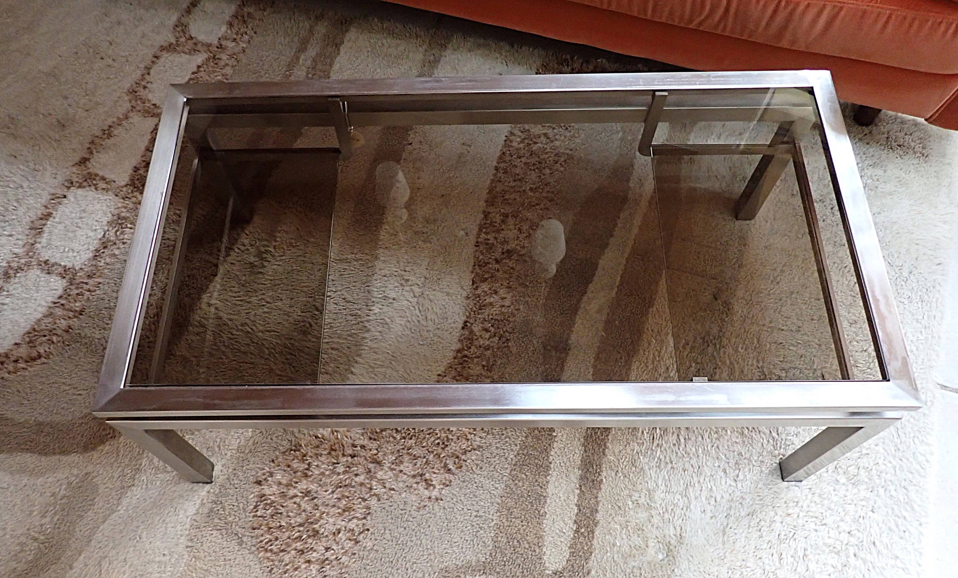 Brushed steel coffee table frame without glass - 1970s