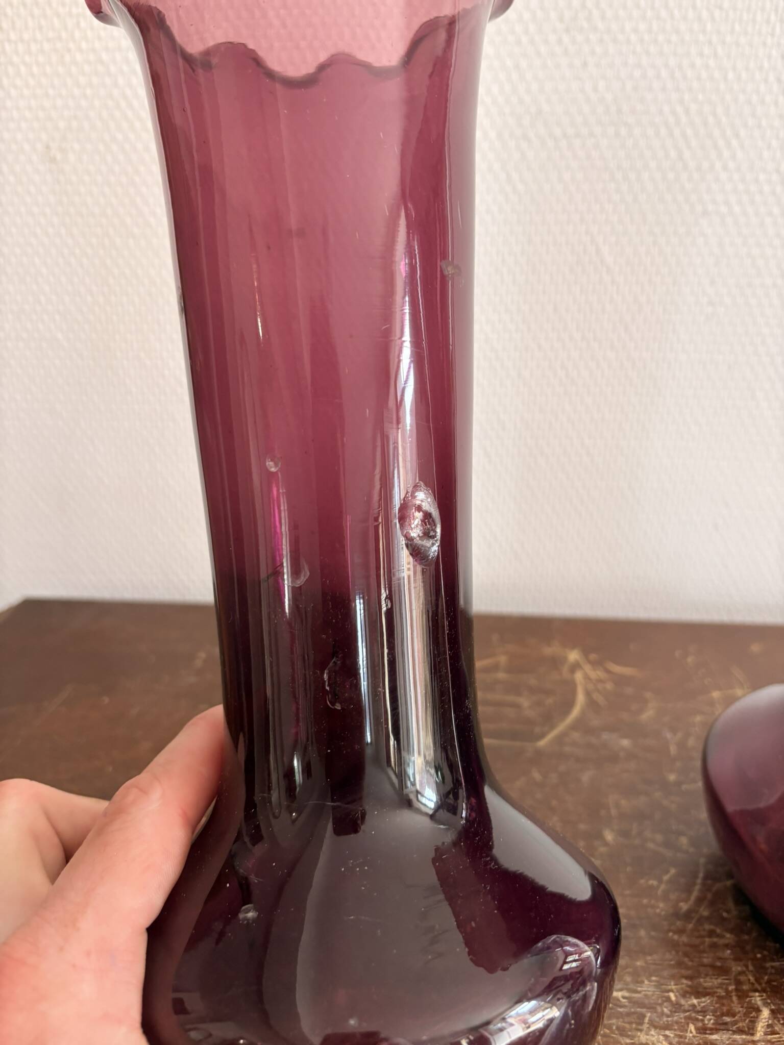 Pair of Trumpet Shaped Soliflore Vases, Purple, Mid Century, Italy, Empoli