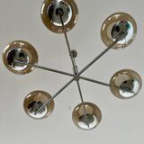 Old 6-light chandelier designed by Sciolari in chrome metal and smoked glass, 70s vintage