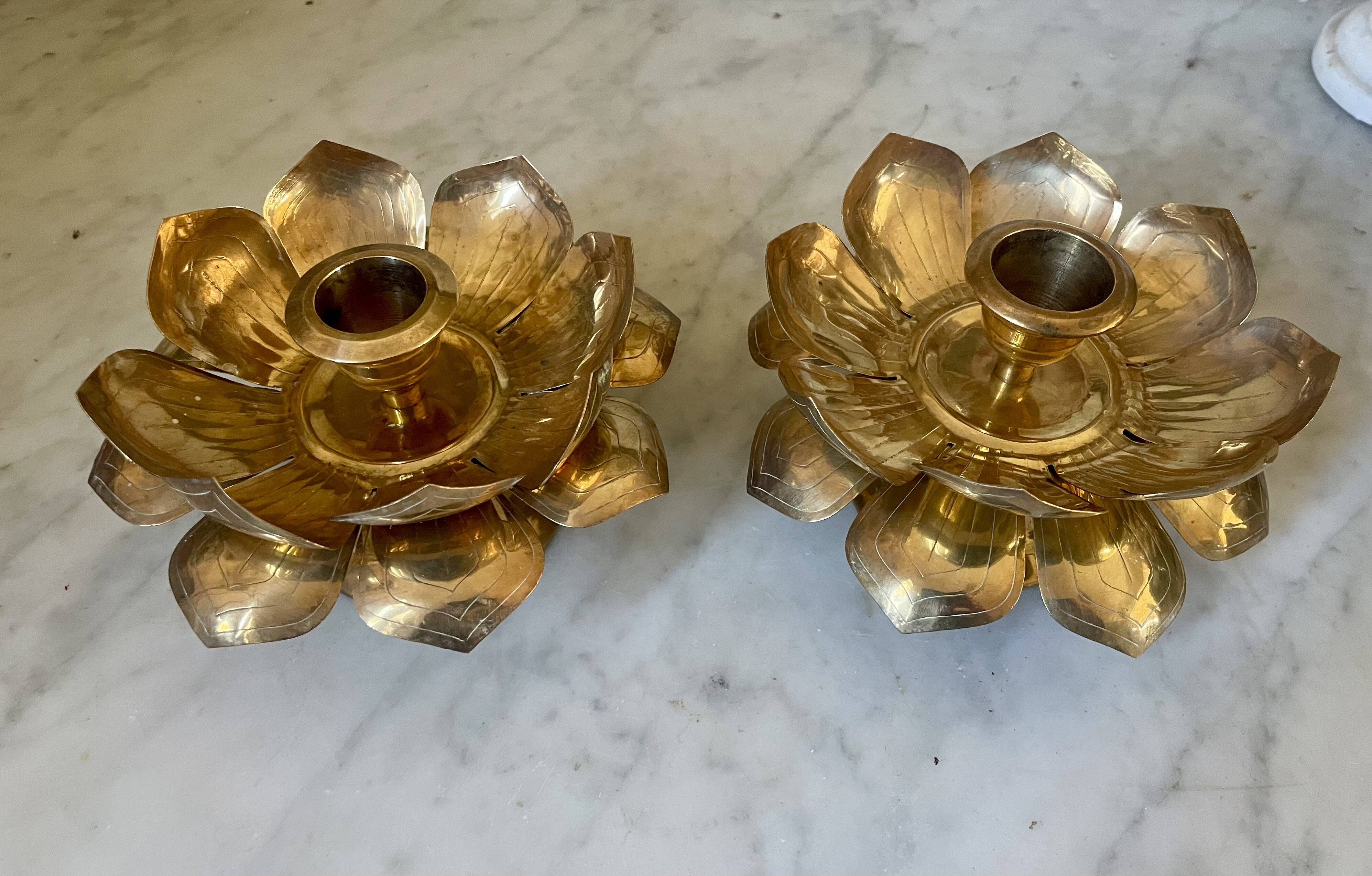 Lotus brass candlestick pair