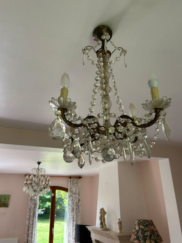 Lustre ancien à pampilles style Louis XV vintage - 4 bras de lumière