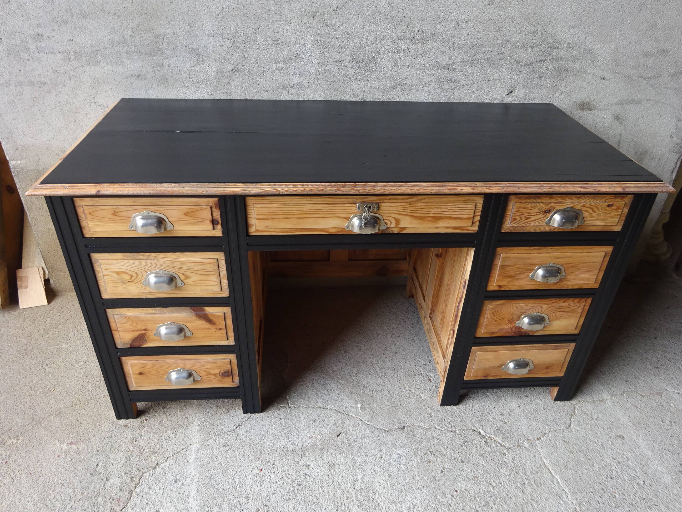 Restored antique pine desk, 9 drawers