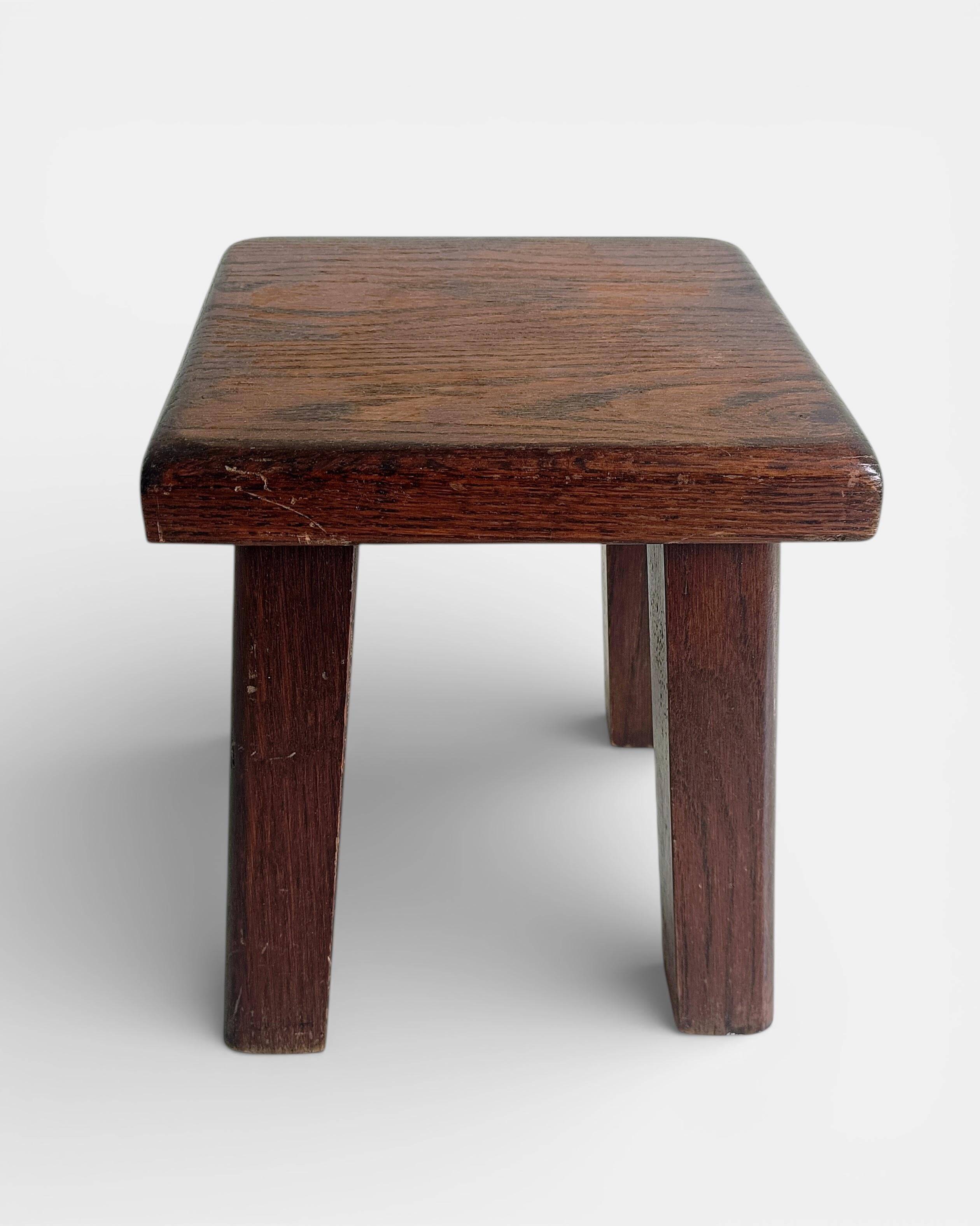 Vintage Rustic French Oak Stool in Pierre Chapo Style, Early 20th-C