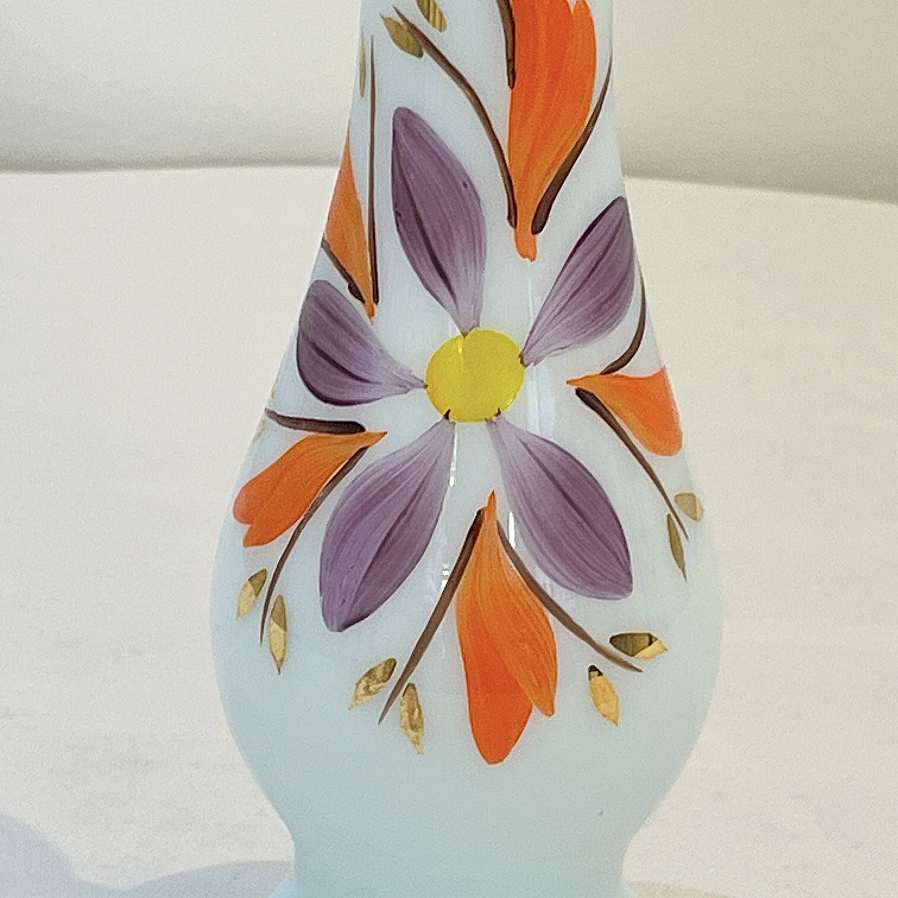 Opaline glass vase with white and blue opaline glass and orange flower pattern, vintage 60s