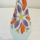 Opaline glass vase with white and blue opaline glass and orange flower pattern, vintage 60s