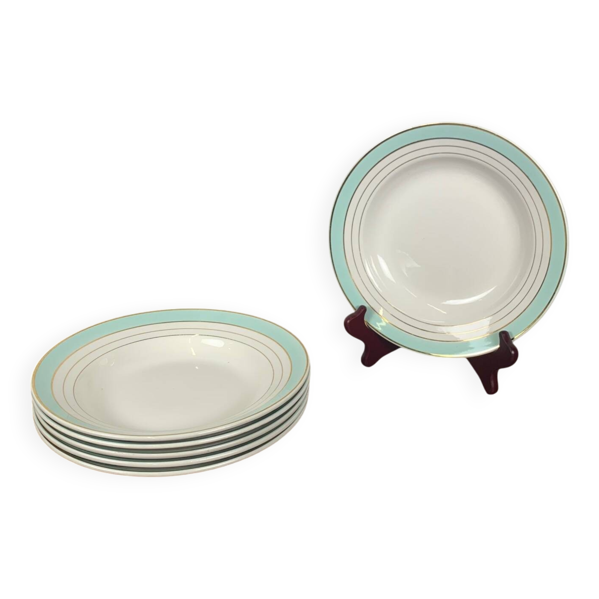 Set of 6 Lunéville soup plates, "Régence" model, water green and 4 lines