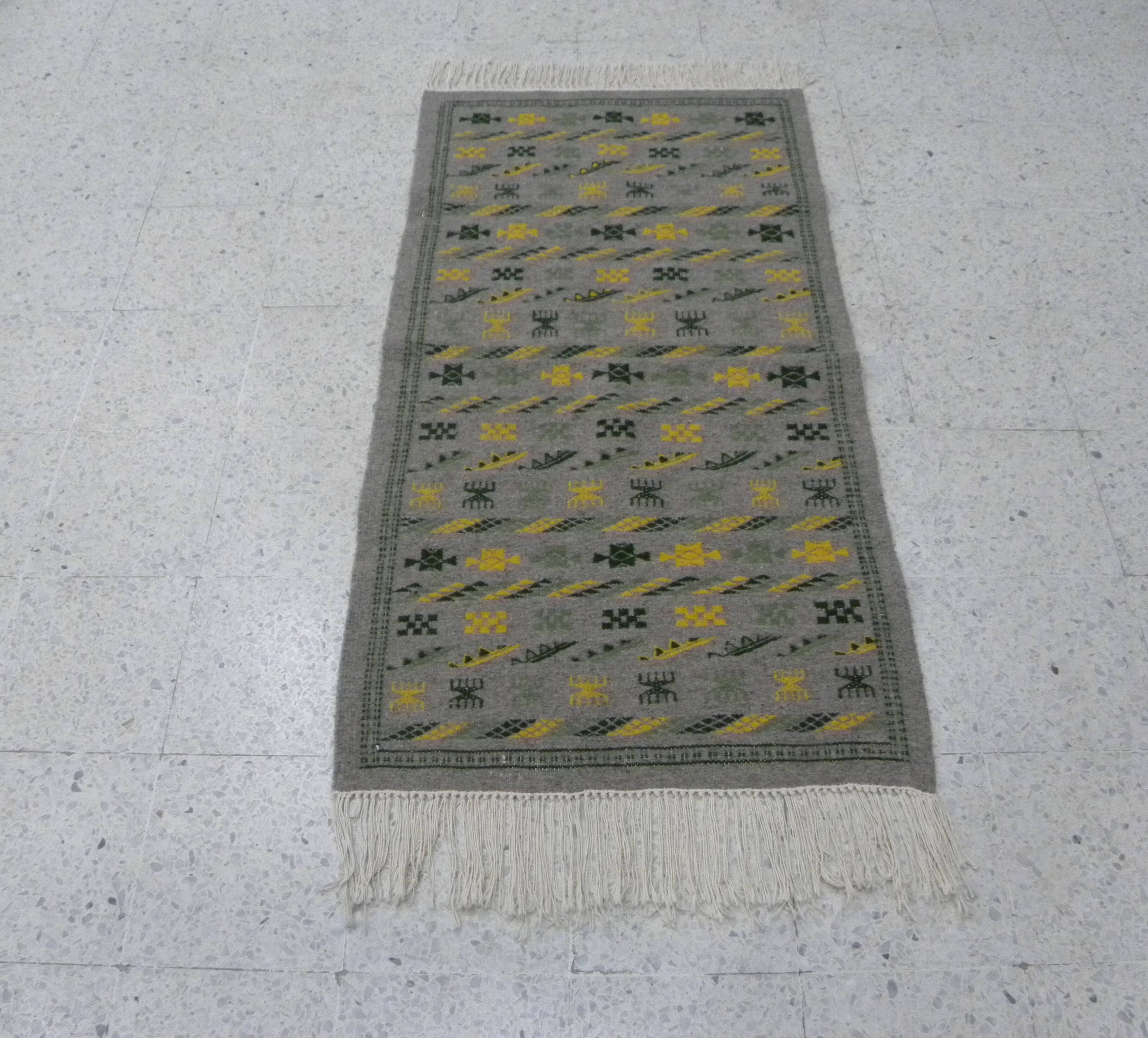 Authentic Margoum Nomad Kilim Rug Woven Flat Grey and Yellow