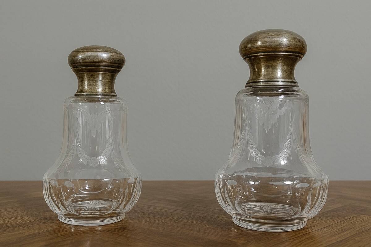 Pair of antique Louis XVI style bottles in finely engraved crystal and silver.