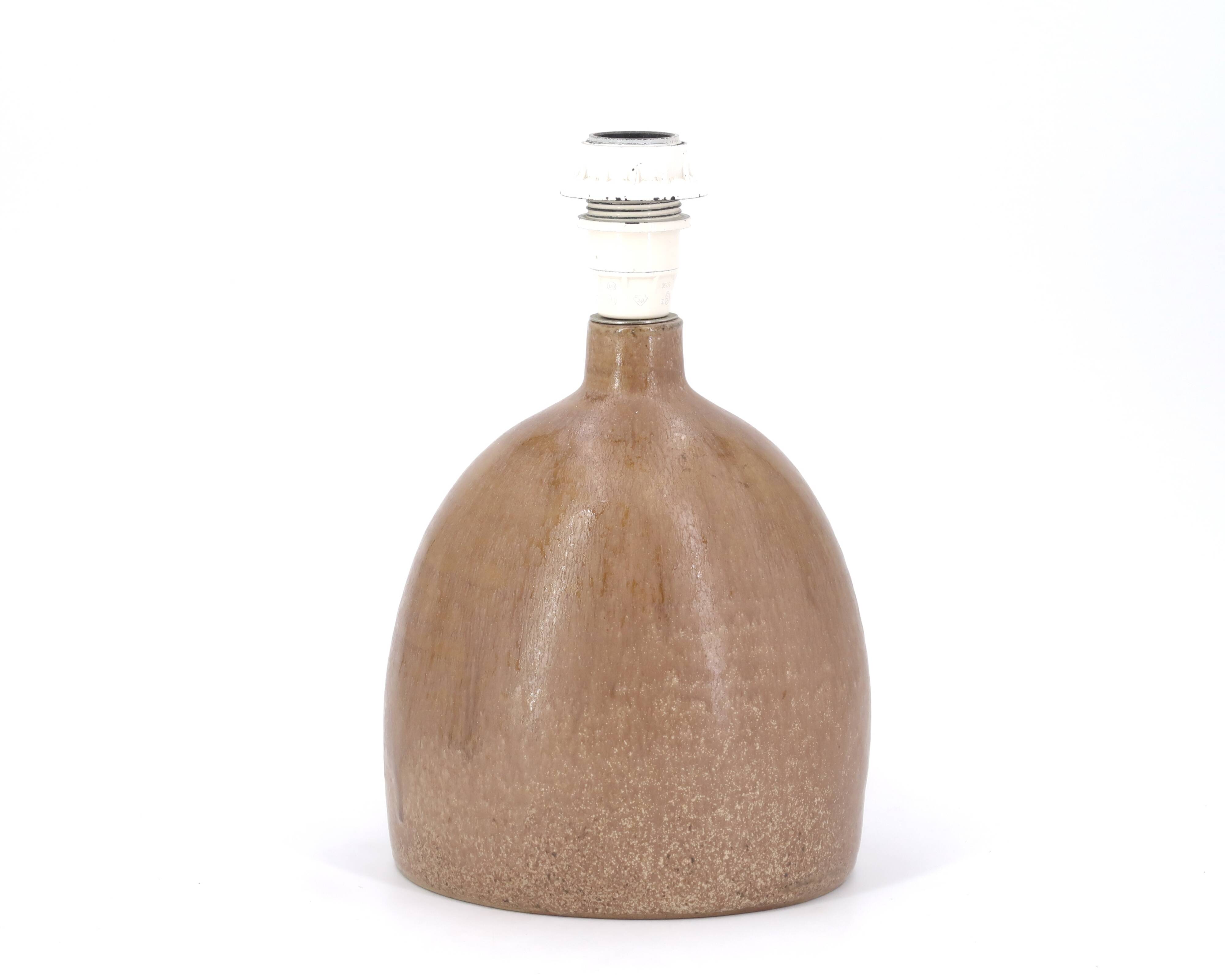 Handcrafted brown ceramic lamp, raffia lampshade, 70s