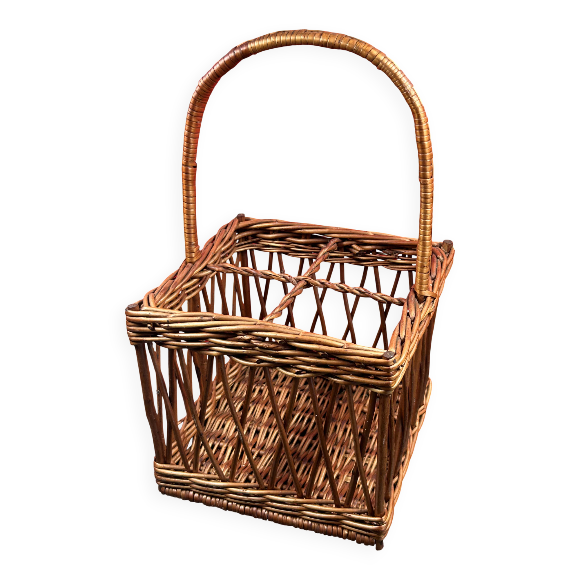 Antique Wicker Basket 4 Bottle Basket Good Condition 23 x 23 x 39 cm