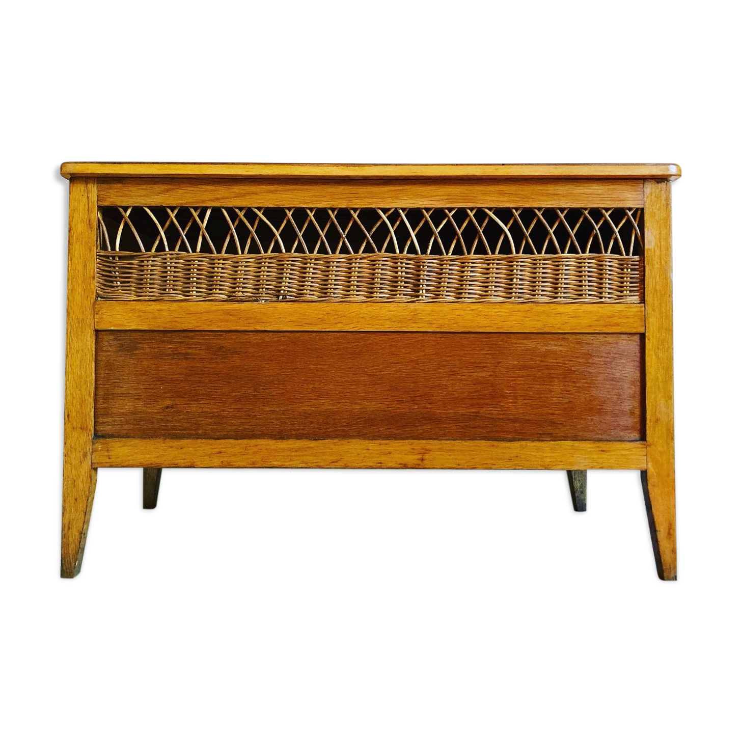 Vintage wooden and rattan toy box