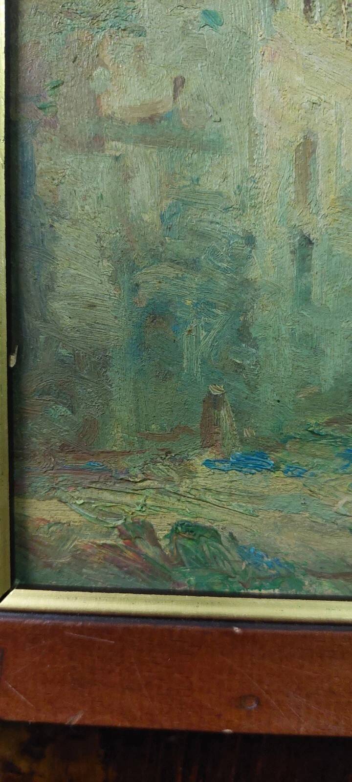 Antique oil painting on faesite early 1900s countryside view