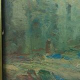 Antique oil painting on faesite early 1900s countryside view