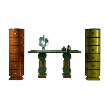 Two ragmen & an Art Deco console table in marquetry and beech.