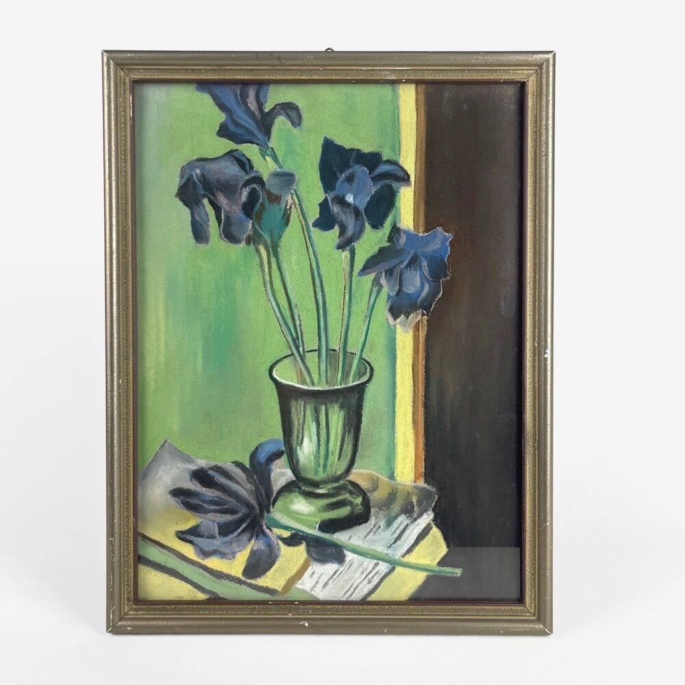 Pastel "Iris bleus" sur bois