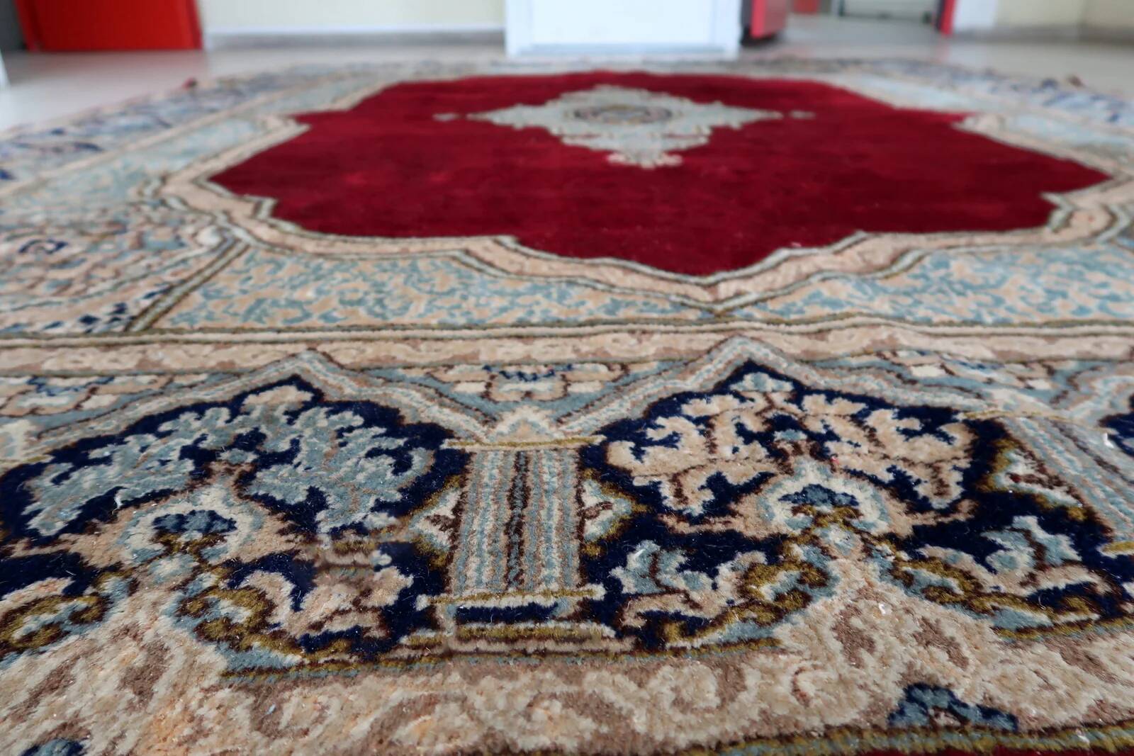 Antique Kerman Kork wool rug, open field medallion, crimson & navy, c. 1930s — 237 × 302 cm — 1C1280