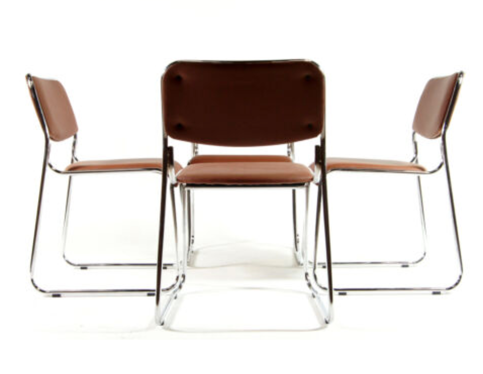 Set of 4 modern vintage Danish retro dining chairs in chrome and faux leather 60s 70s