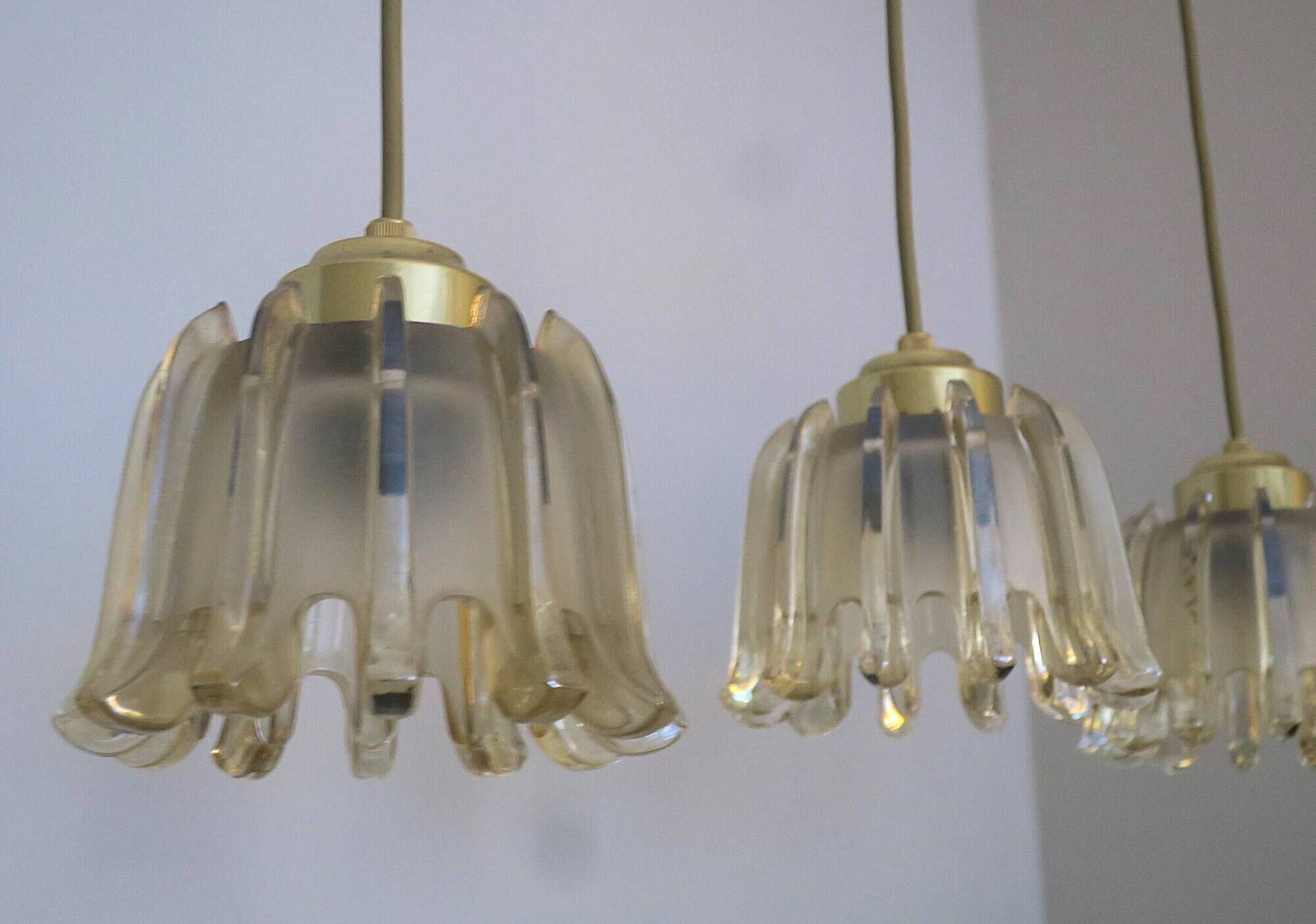 Set of 5 Doria  pendant lights in brass and amber-coloured glass, 1960s