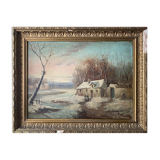 HST painting "Winter landscape" signed Flemish + frame XIX°