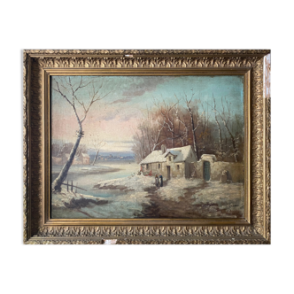 HST painting "Winter landscape" signed Flemish + frame XIX°
