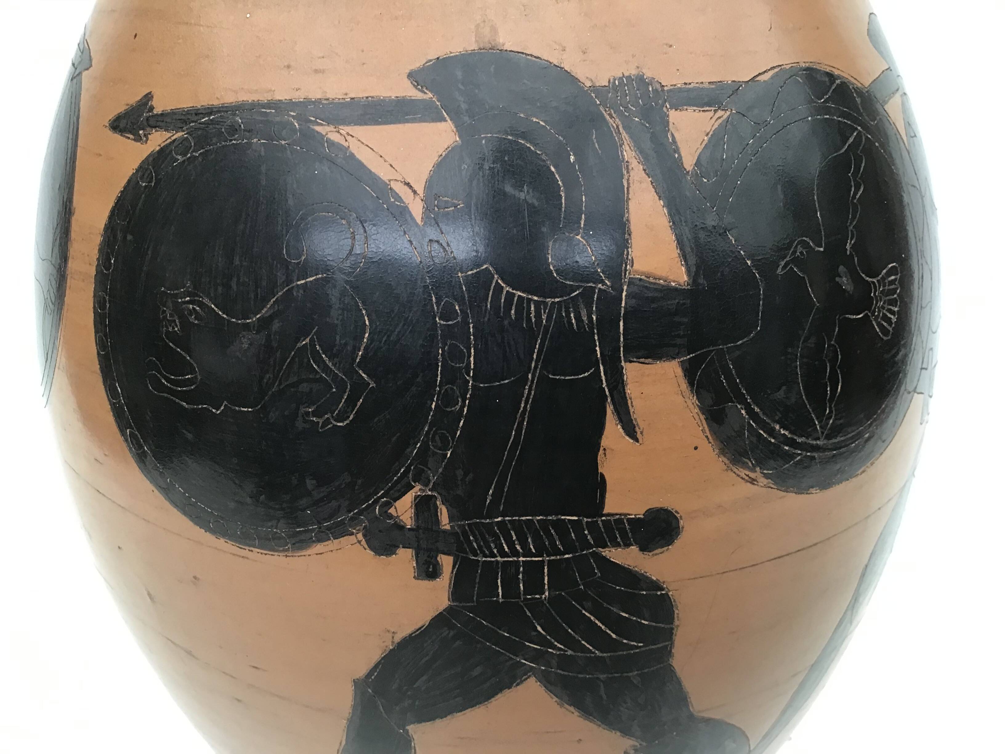 Reproduction of a Greek Attic-style black-figure vase depicting warriors