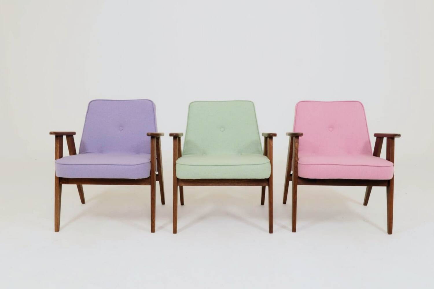 Pink Armchair Vintage Pastel wool fabric, Oak wood