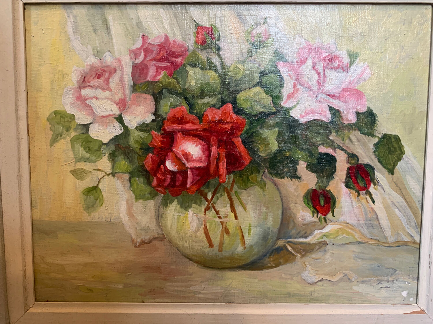 Pair paintings, oil on canvas still life pink flowers