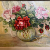 Pair paintings, oil on canvas still life pink flowers