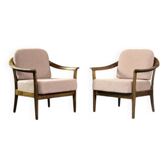 Pair of MidCentury German Elegant Cherry Wood & Dirty Pink Fabric Armchairs