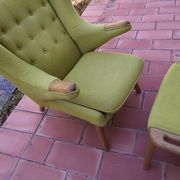 Vintage Papa Bear armchair and footstool in green and oak terry fabric