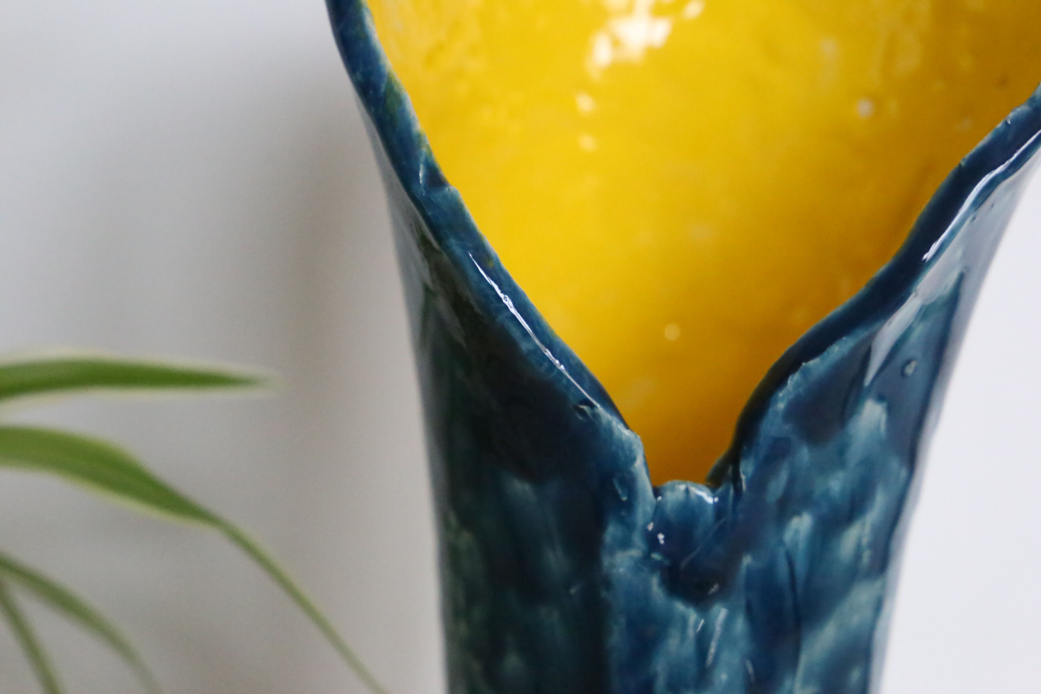 Handmade ceramic vase, glazed blue and yellow, vintage
