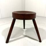Tabouret trépied rustique ancien en bois, années 1900