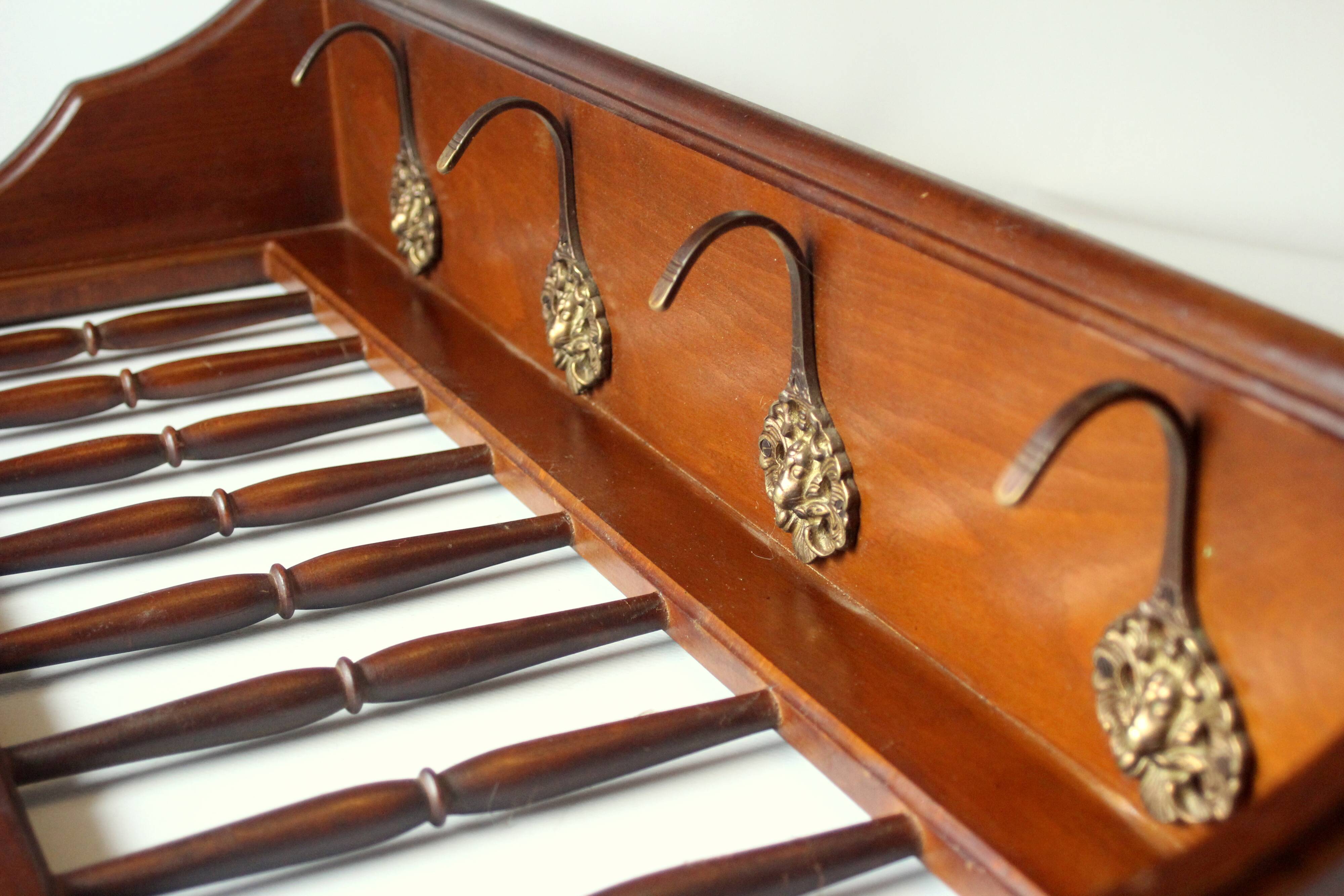 Wall mounted wooden coat rack with shelf wear hats and 4 brass hooks