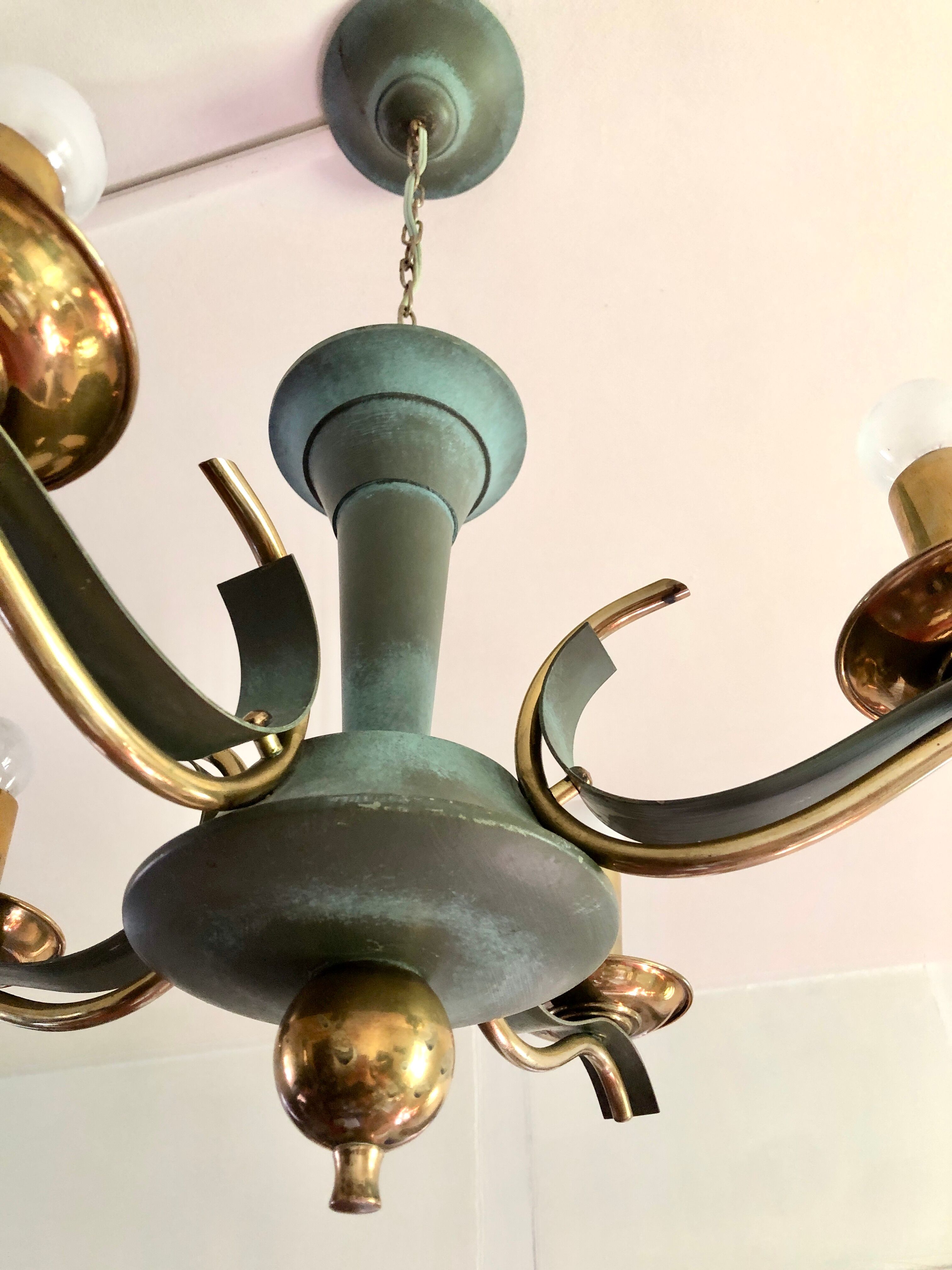 Celadon green modernist chandelier and solid brass