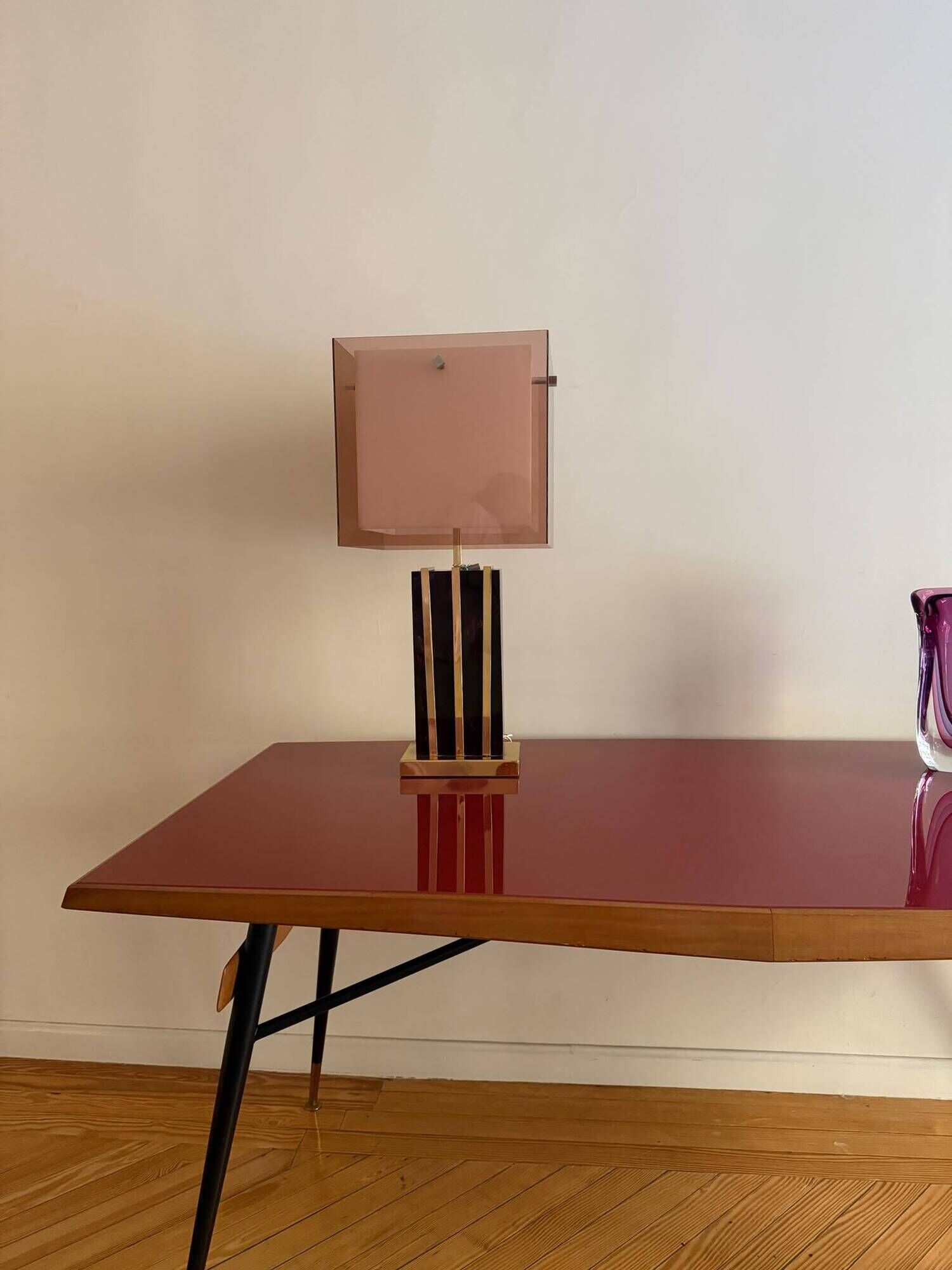 Original table by Ico Parisi with a structure of wood, metal, and stained glass.