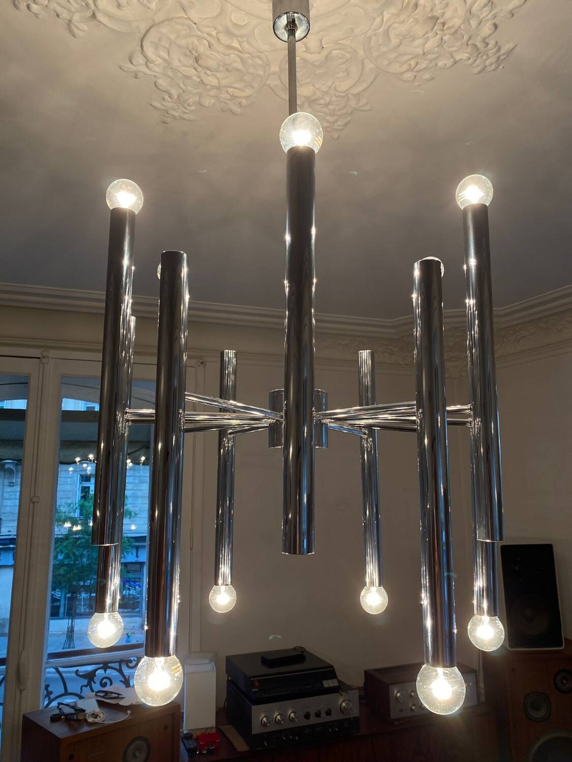 Very large vintage 12-light chandelier by Sciolari - 1970s (Space Age)