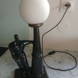 Metallic black table lamp and opal globe 1980s