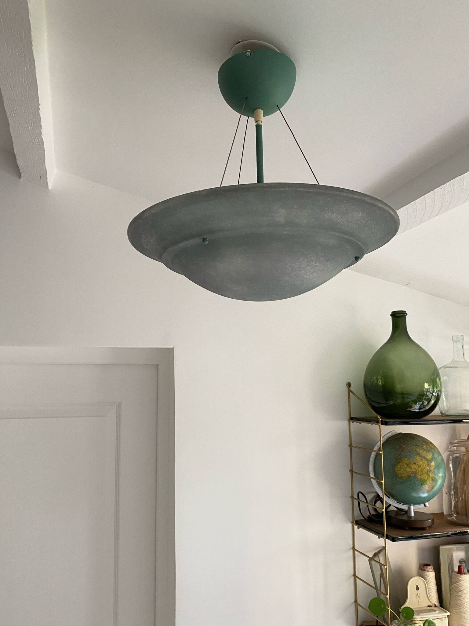 Large vintage lustra suspension light fixture large translucent green basin - SCE made in France