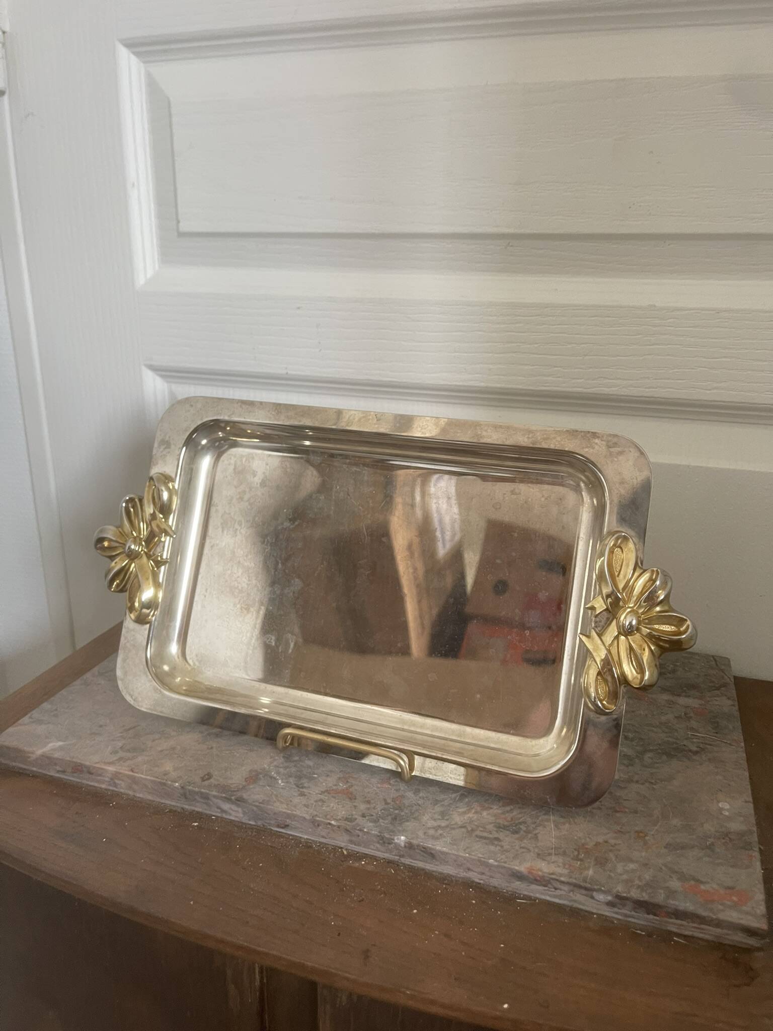 Vintage Silver-Plated Metal Art Deco Serving Tray with Gilded Knot Handle
