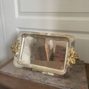 Vintage Silver-Plated Metal Art Deco Serving Tray with Gilded Knot Handle