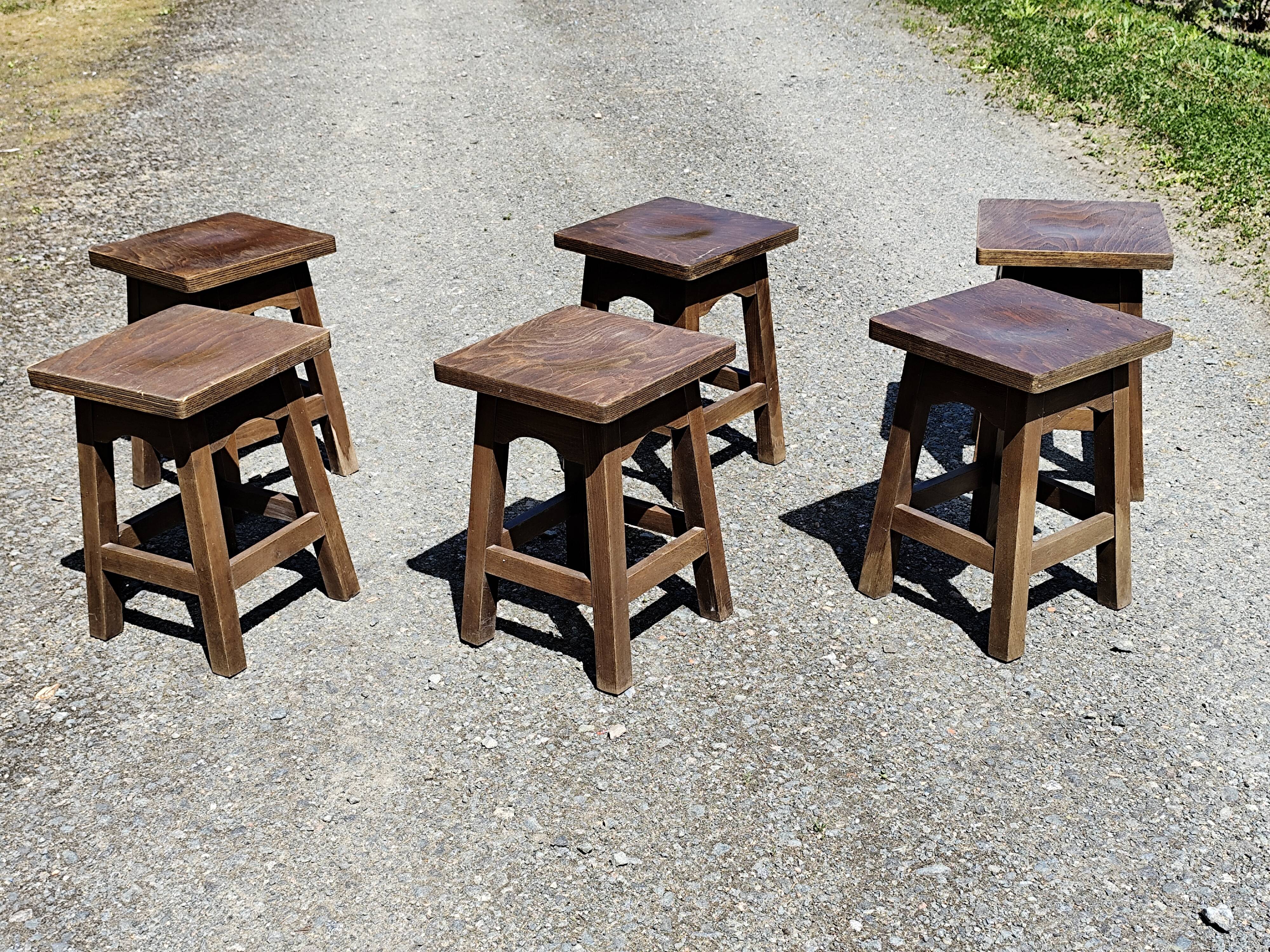 6 rustic brutalist wooden stools