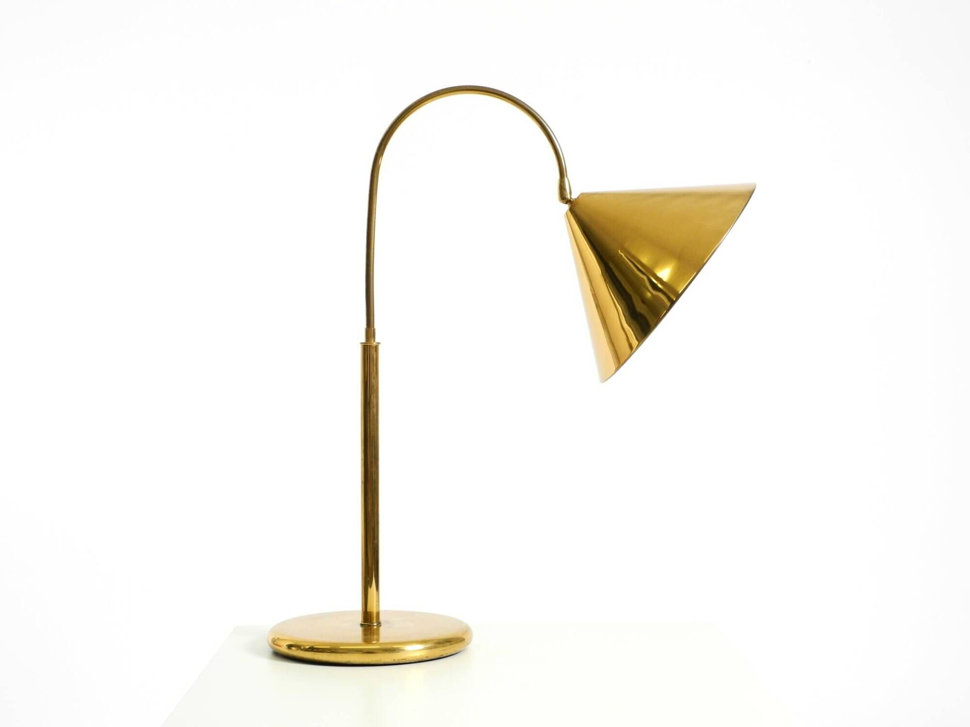 Large original brass table lamp with a conical shade, Mid-Century Modern